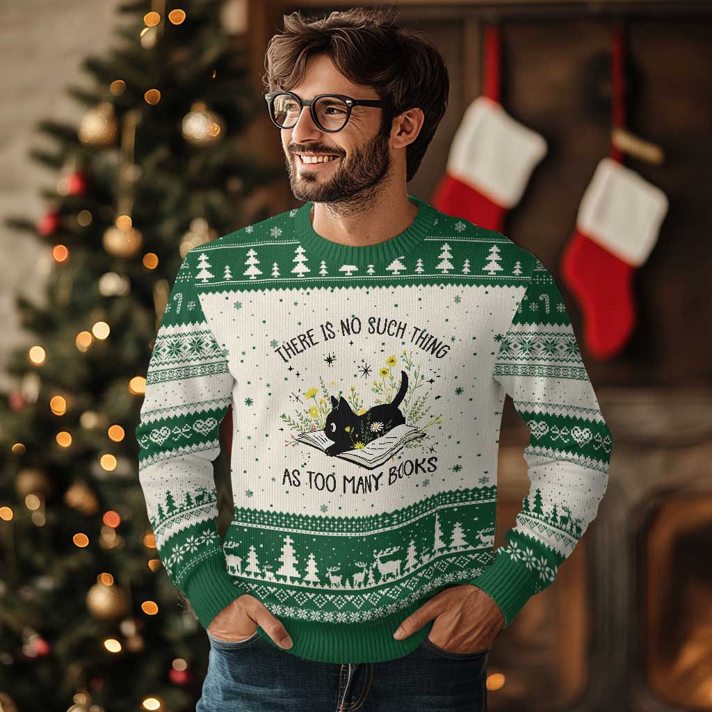There Is No Such Thing As Too Many Books Ugly Christmas Sweater Cute Kitty Reading Book TS12 Beige Green Print Your Wear