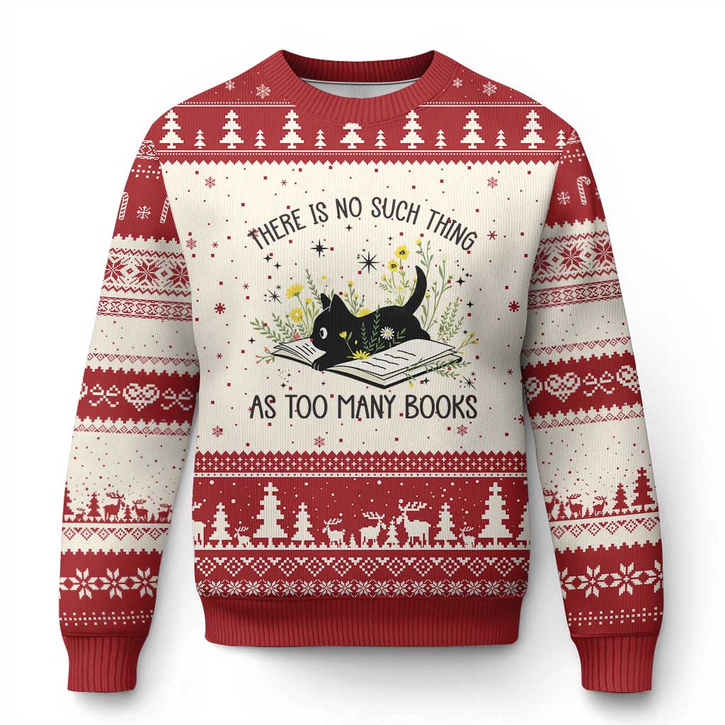 There Is No Such Thing As Too Many Books Ugly Christmas Sweater Cute Kitty Reading Book TS12 Beige Red Print Your Wear