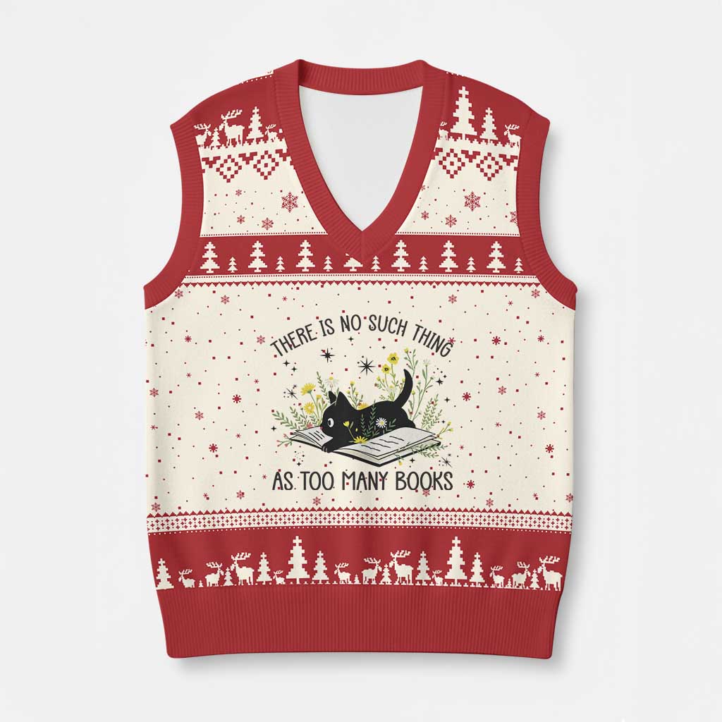 There Is No Such Thing As Too Many Books V-Neck Knit Sweater Vest Cute Kitty Reading Book TS12 Beige Red Print Your Wear