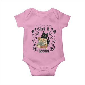 Easily Distracted By Cats And Books Baby Onesie Funny Book Kitty Lover TS12 Light Pink Print Your Wear