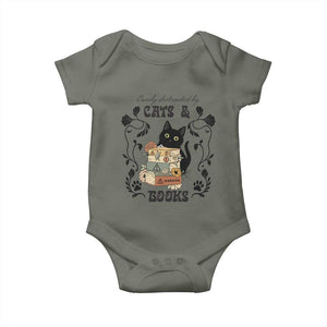 Easily Distracted By Cats And Books Baby Onesie Funny Book Kitty Lover TS12 Military Green Print Your Wear