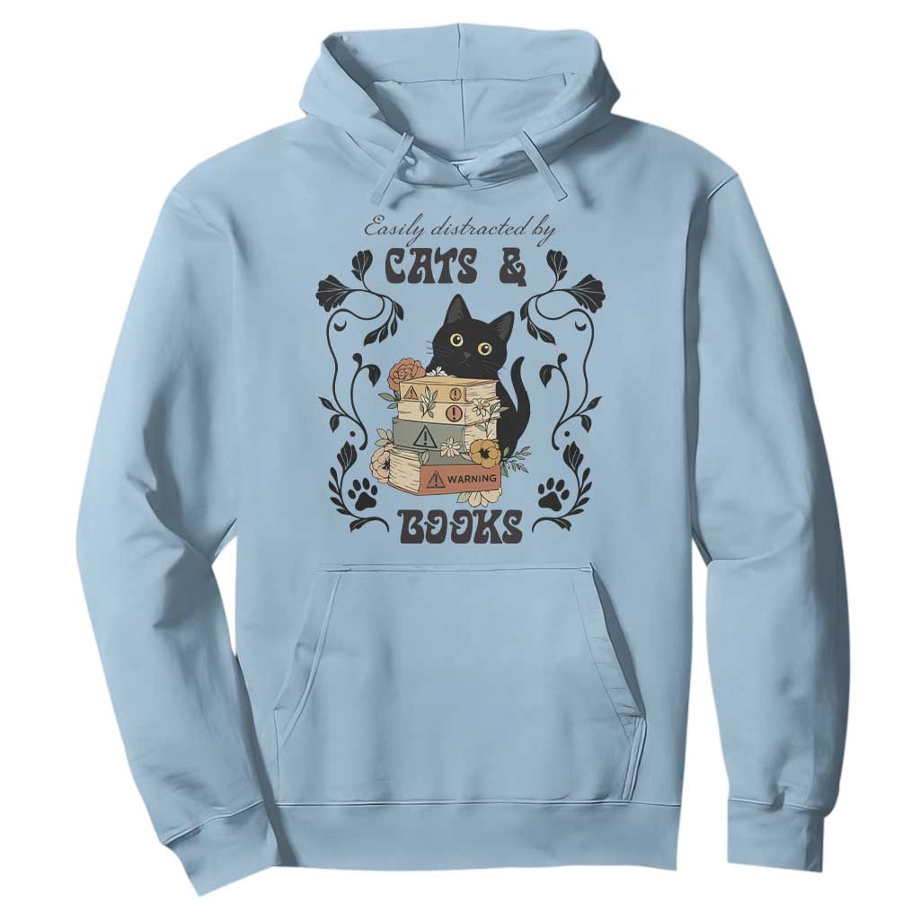 Easily Distracted By Cats And Books Hoodie Funny Book Kitty Lover TS12 Light Blue Print Your Wear