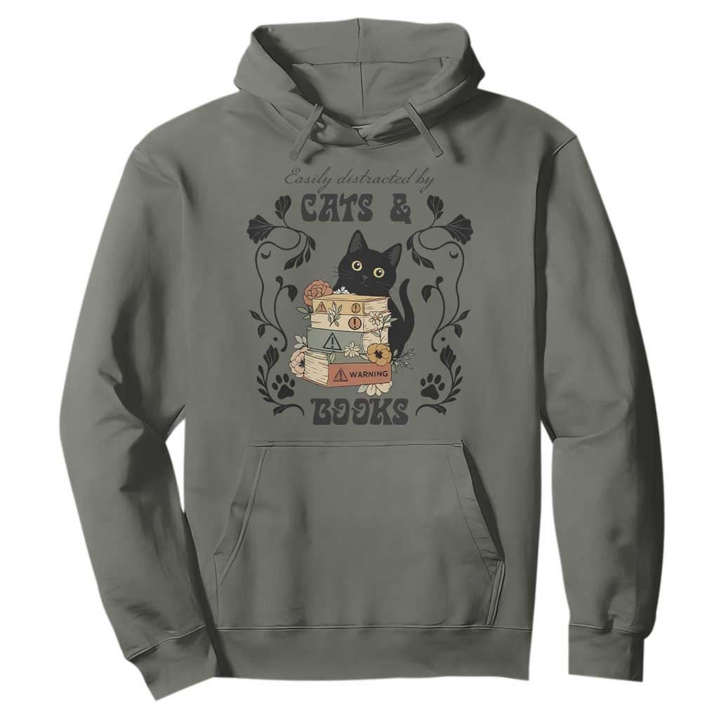 Easily Distracted By Cats And Books Hoodie Funny Book Kitty Lover TS12 Military Green Print Your Wear