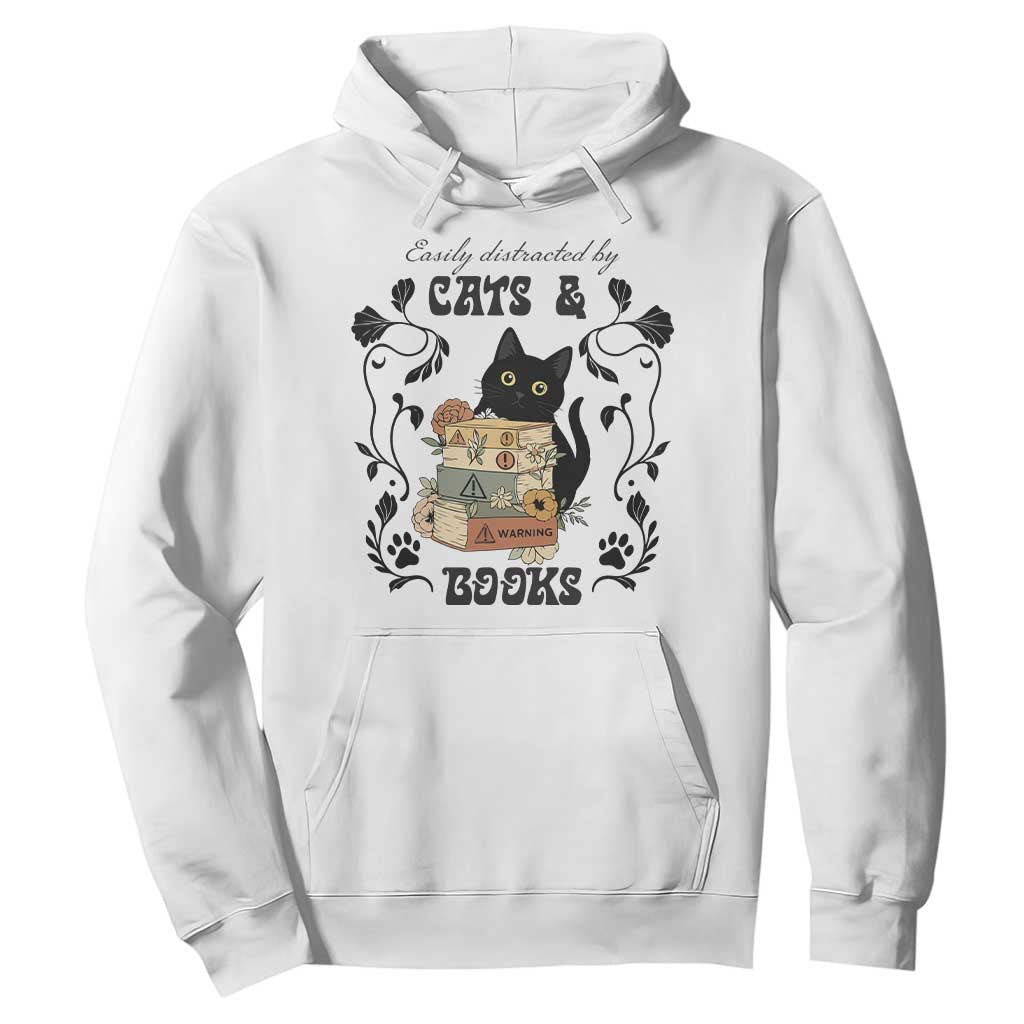 Easily Distracted By Cats And Books Hoodie Funny Book Kitty Lover TS12 White Print Your Wear