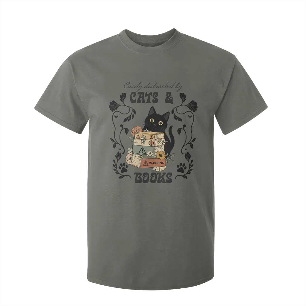 Easily Distracted By Cats And Books T Shirt For Kid Funny Book Kitty Lover TS12 Military Green Print Your Wear