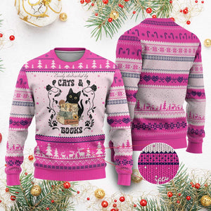 Easily Distracted By Cats And Books Ugly Christmas Sweater Funny Book Kitty Lover TS12 Hot Pink Print Your Wear