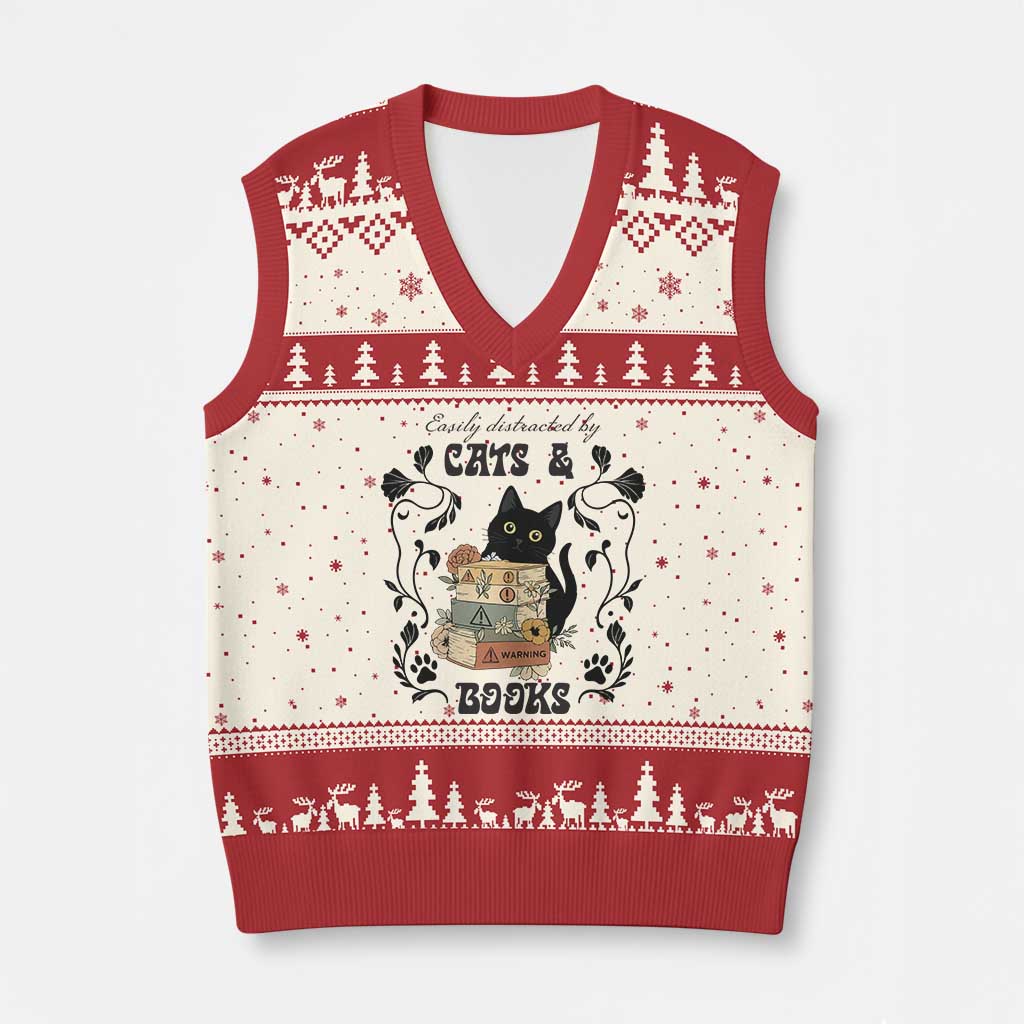 Easily Distracted By Cats And Books V-Neck Knit Sweater Vest Funny Book Kitty Lover TS12 Beige Red Print Your Wear