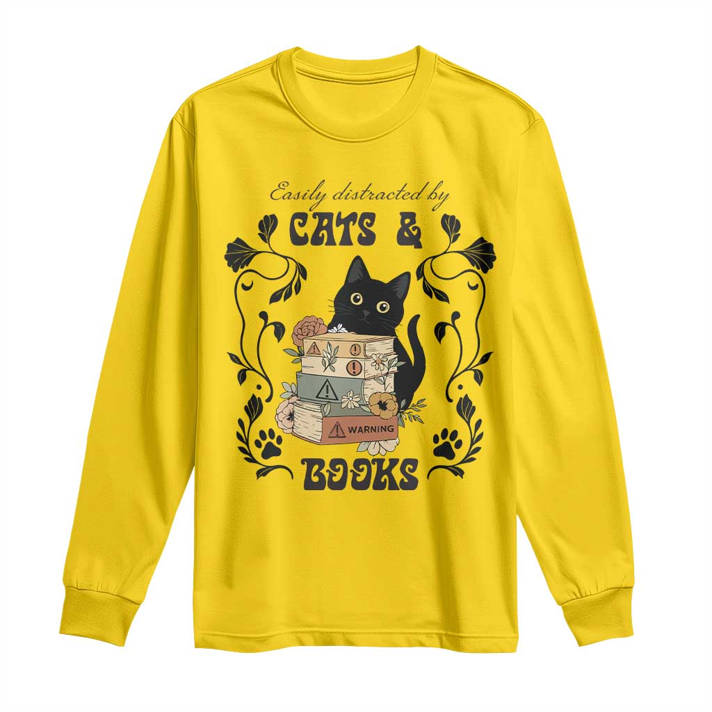 Easily Distracted By Cats And Books Long Sleeve Shirt Funny Book Kitty Lover TS12 Daisy Print Your Wear