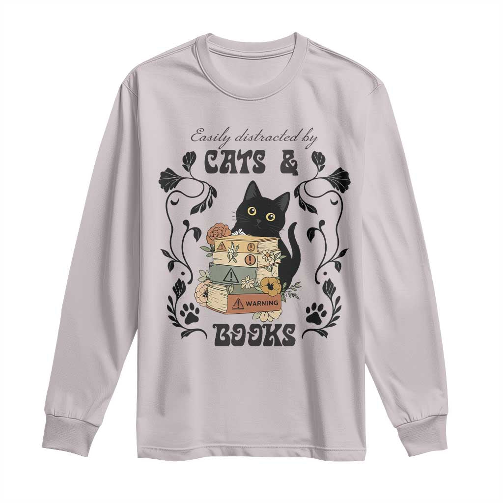 Easily Distracted By Cats And Books Long Sleeve Shirt Funny Book Kitty Lover TS12 Ice Gray Print Your Wear