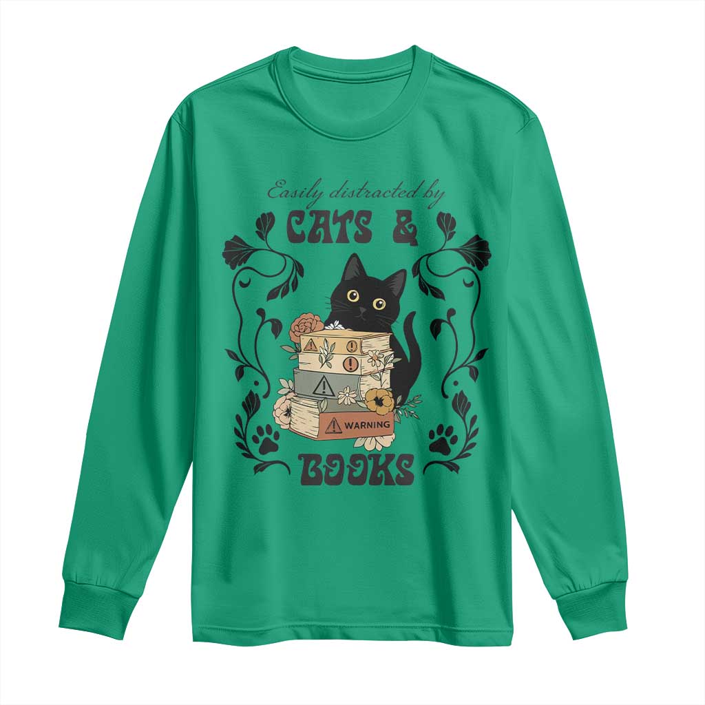 Easily Distracted By Cats And Books Long Sleeve Shirt Funny Book Kitty Lover TS12 Irish Green Print Your Wear