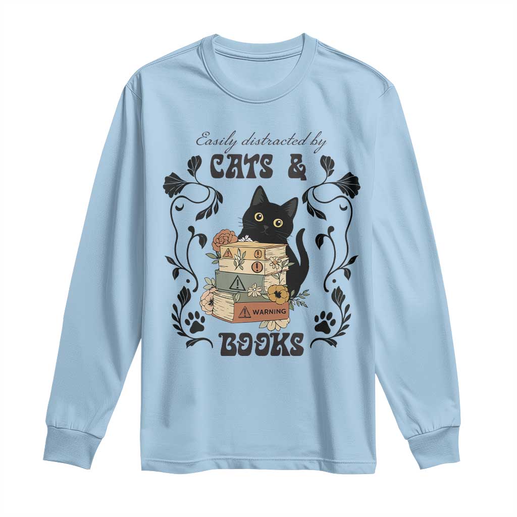 Easily Distracted By Cats And Books Long Sleeve Shirt Funny Book Kitty Lover TS12 Light Blue Print Your Wear