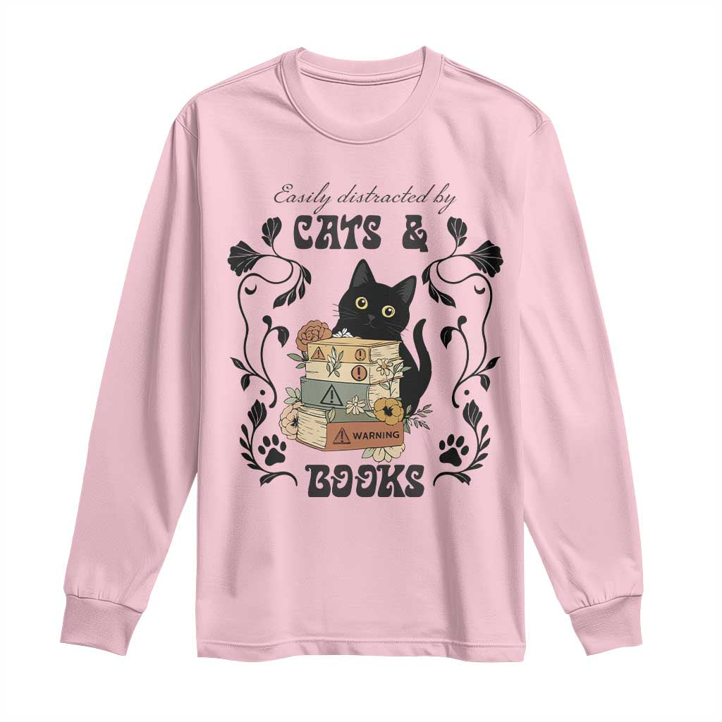Easily Distracted By Cats And Books Long Sleeve Shirt Funny Book Kitty Lover TS12 Light Pink Print Your Wear