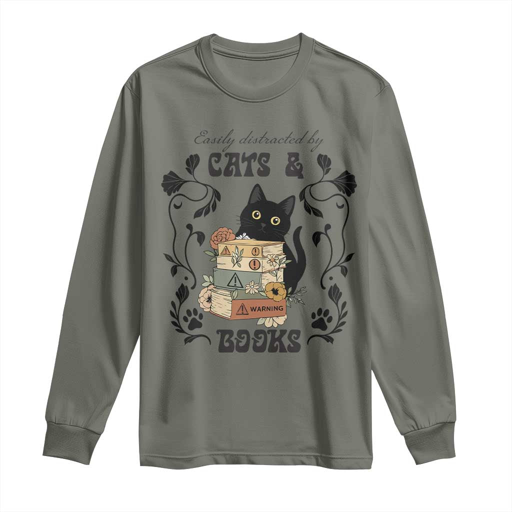 Easily Distracted By Cats And Books Long Sleeve Shirt Funny Book Kitty Lover TS12 Military Green Print Your Wear