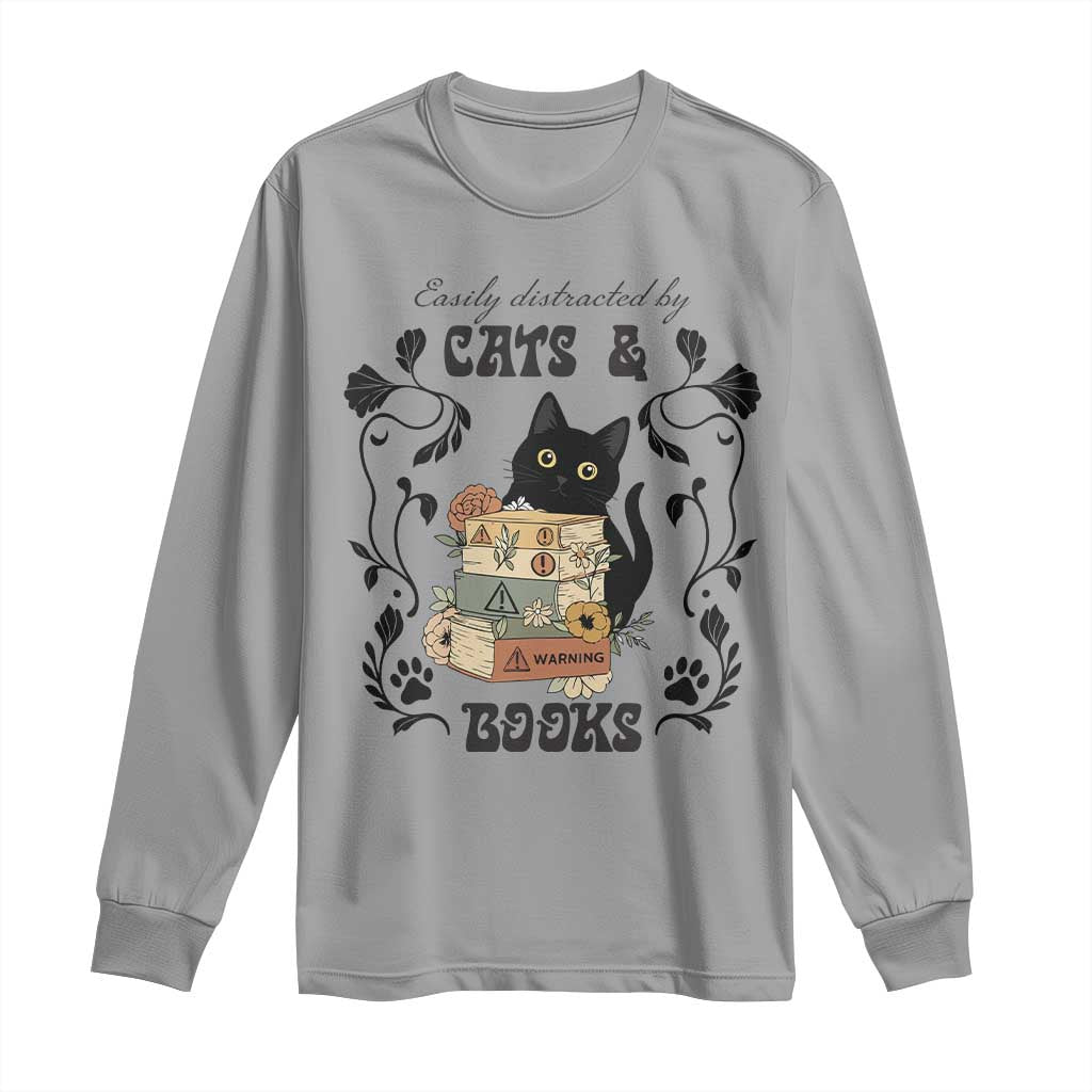 Easily Distracted By Cats And Books Long Sleeve Shirt Funny Book Kitty Lover TS12 Sport Gray Print Your Wear