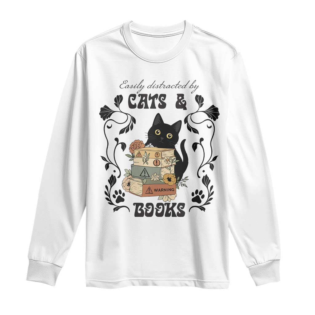 Easily Distracted By Cats And Books Long Sleeve Shirt Funny Book Kitty Lover TS12 White Print Your Wear
