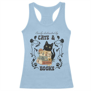 Easily Distracted By Cats And Books Racerback Tank Top Funny Book Kitty Lover TS12 Light Blue Print Your Wear