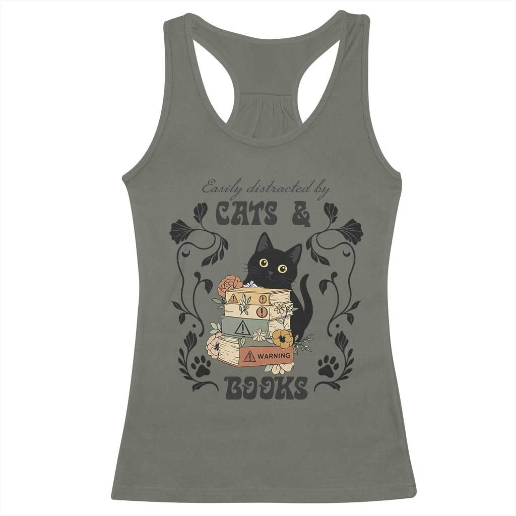 Easily Distracted By Cats And Books Racerback Tank Top Funny Book Kitty Lover TS12 Military Green Print Your Wear
