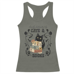 Easily Distracted By Cats And Books Racerback Tank Top Funny Book Kitty Lover TS12 Military Green Print Your Wear