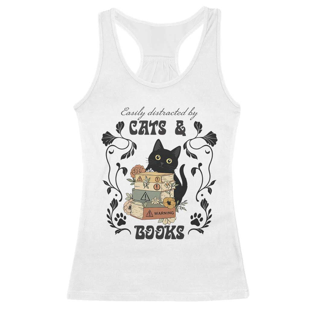 Easily Distracted By Cats And Books Racerback Tank Top Funny Book Kitty Lover TS12 White Print Your Wear