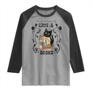 Easily Distracted By Cats And Books Raglan Shirt Funny Book Kitty Lover TS12 Sport Gray Black Print Your Wear