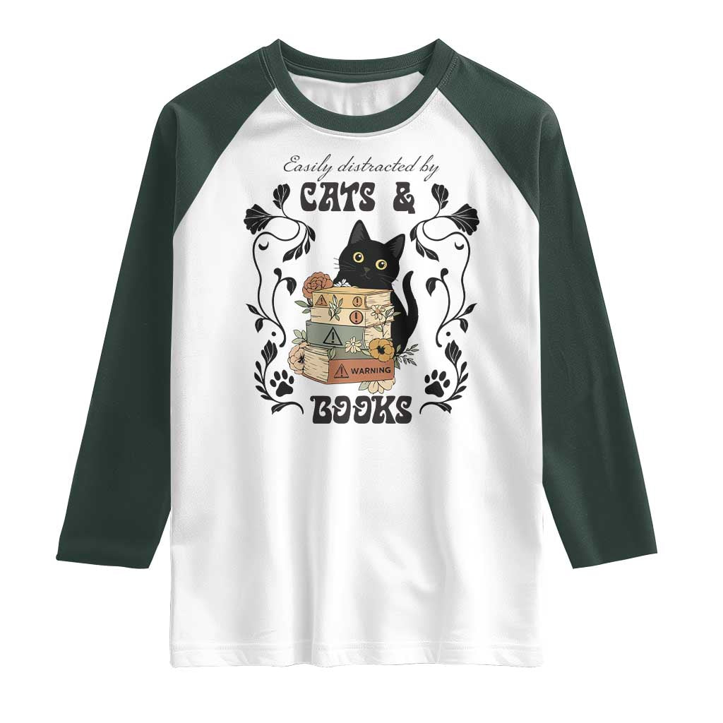 Easily Distracted By Cats And Books Raglan Shirt Funny Book Kitty Lover TS12 White Dark Forest Green Print Your Wear