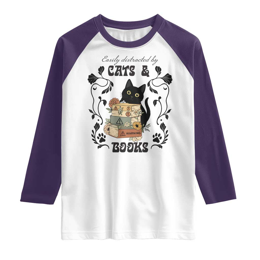 Easily Distracted By Cats And Books Raglan Shirt Funny Book Kitty Lover TS12 White Purple Print Your Wear