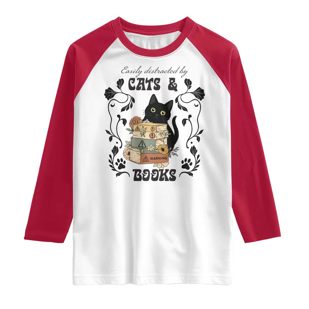 Easily Distracted By Cats And Books Raglan Shirt Funny Book Kitty Lover TS12 White Red Print Your Wear