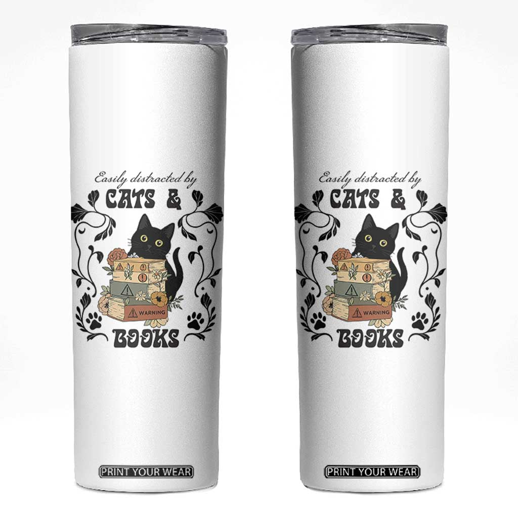 Easily Distracted By Cats And Books Skinny Tumbler Funny Book Kitty Lover TS12 White Print Your Wear