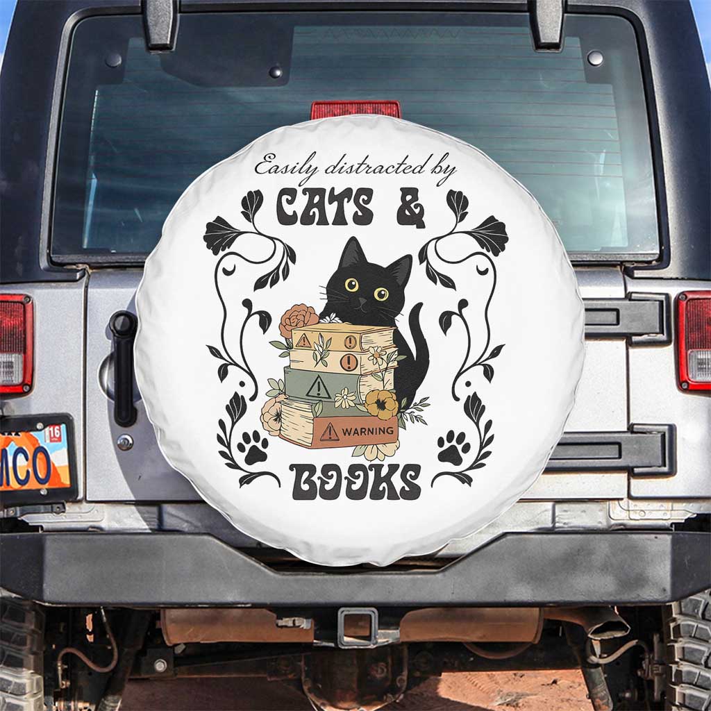 Easily Distracted By Cats And Books Spare Tire Cover Funny Book Kitty Lover TS12 No hole White Print Your Wear