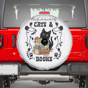 Easily Distracted By Cats And Books Spare Tire Cover Funny Book Kitty Lover TS12 White Print Your Wear