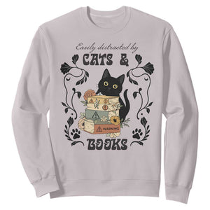 Easily Distracted By Cats And Books Sweatshirt Funny Book Kitty Lover TS12 Ice Gray Print Your Wear