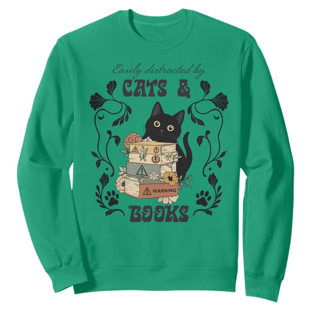 Easily Distracted By Cats And Books Sweatshirt Funny Book Kitty Lover TS12 Irish Green Print Your Wear