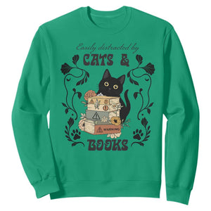 Easily Distracted By Cats And Books Sweatshirt Funny Book Kitty Lover TS12 Irish Green Print Your Wear