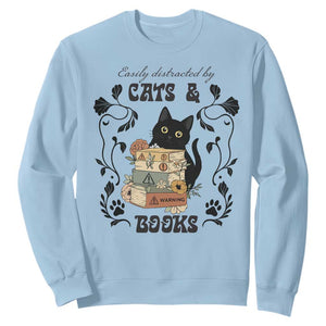 Easily Distracted By Cats And Books Sweatshirt Funny Book Kitty Lover TS12 Light Blue Print Your Wear