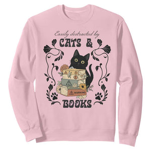 Easily Distracted By Cats And Books Sweatshirt Funny Book Kitty Lover TS12 Light Pink Print Your Wear