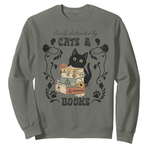 Easily Distracted By Cats And Books Sweatshirt Funny Book Kitty Lover TS12 Military Green Print Your Wear