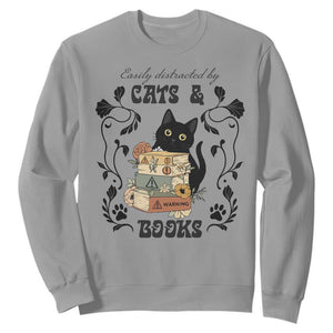 Easily Distracted By Cats And Books Sweatshirt Funny Book Kitty Lover TS12 Sport Gray Print Your Wear