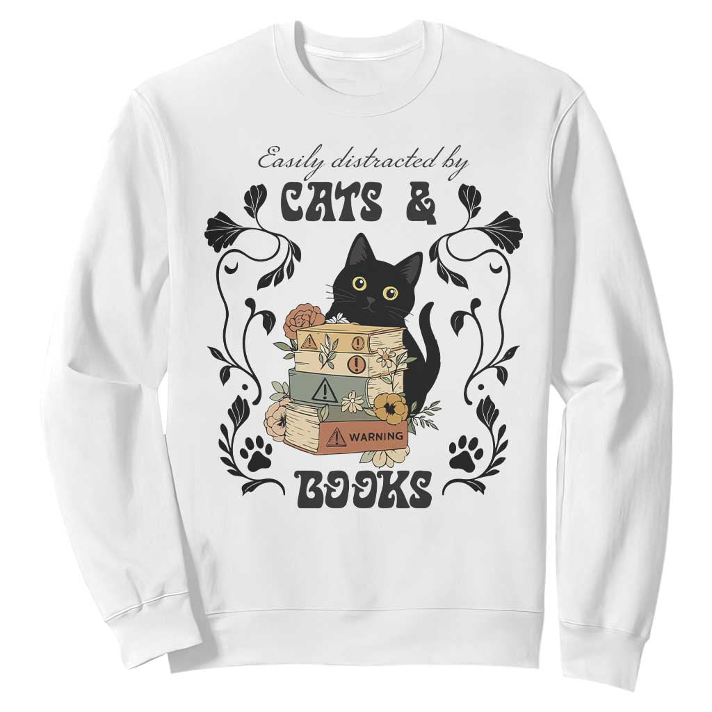 Easily Distracted By Cats And Books Sweatshirt Funny Book Kitty Lover TS12 White Print Your Wear