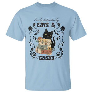 Easily Distracted By Cats And Books T Shirt Funny Book Kitty Lover TS12 Light Blue Print Your Wear