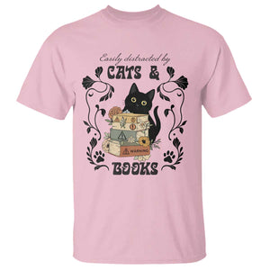Easily Distracted By Cats And Books T Shirt Funny Book Kitty Lover TS12 Light Pink Print Your Wear