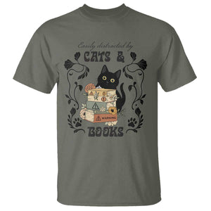 Easily Distracted By Cats And Books T Shirt Funny Book Kitty Lover TS12 Military Green Print Your Wear