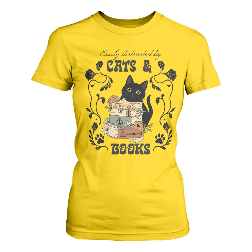 Easily Distracted By Cats And Books T Shirt For Women Funny Book Kitty Lover TS12 Daisy Print Your Wear