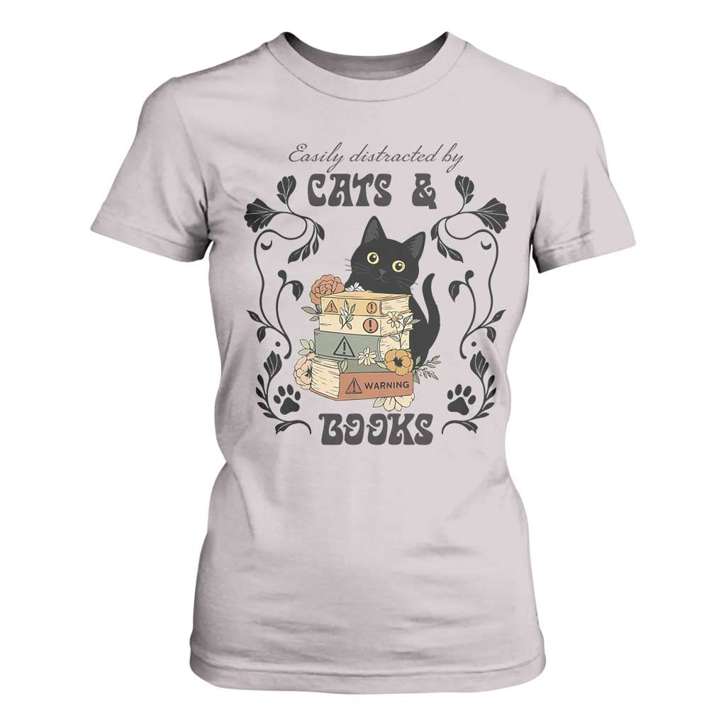 Easily Distracted By Cats And Books T Shirt For Women Funny Book Kitty Lover TS12 Ice Gray Print Your Wear