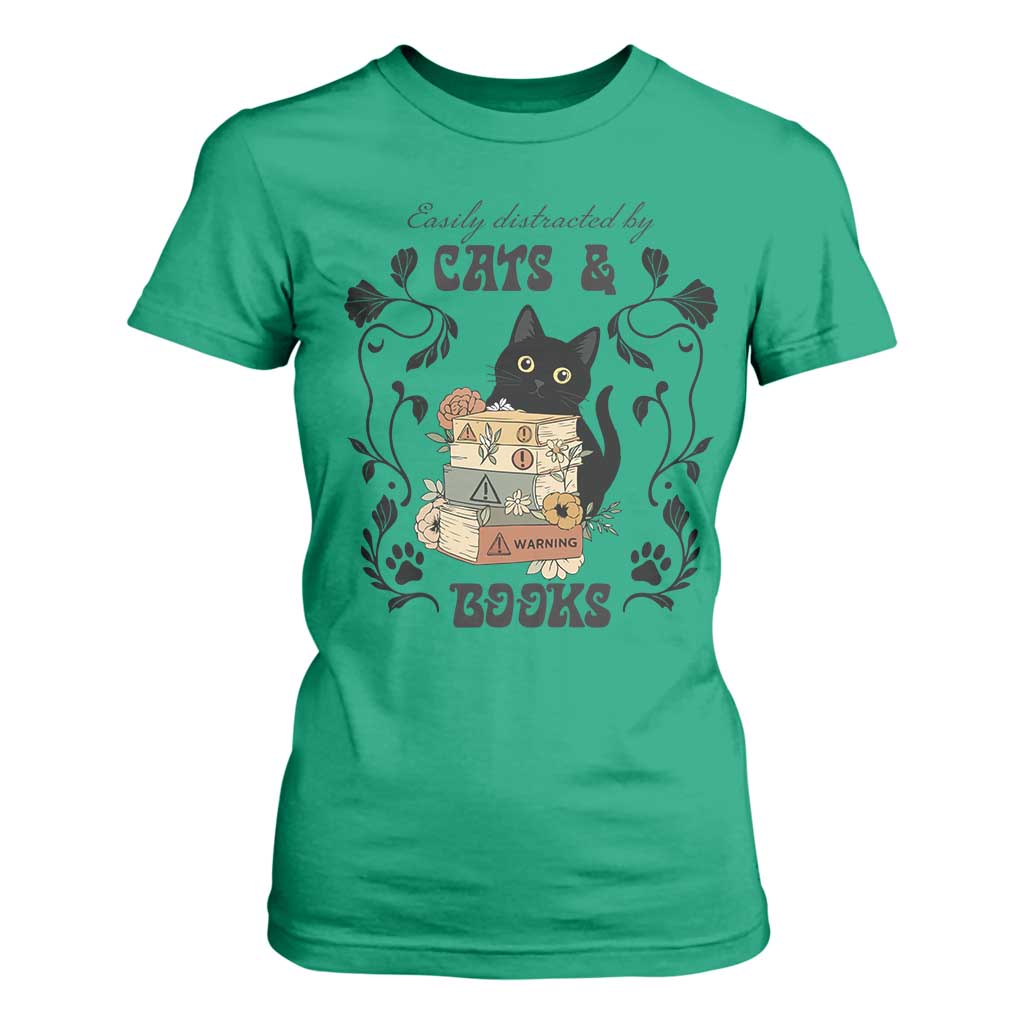 Easily Distracted By Cats And Books T Shirt For Women Funny Book Kitty Lover TS12 Irish Green Print Your Wear