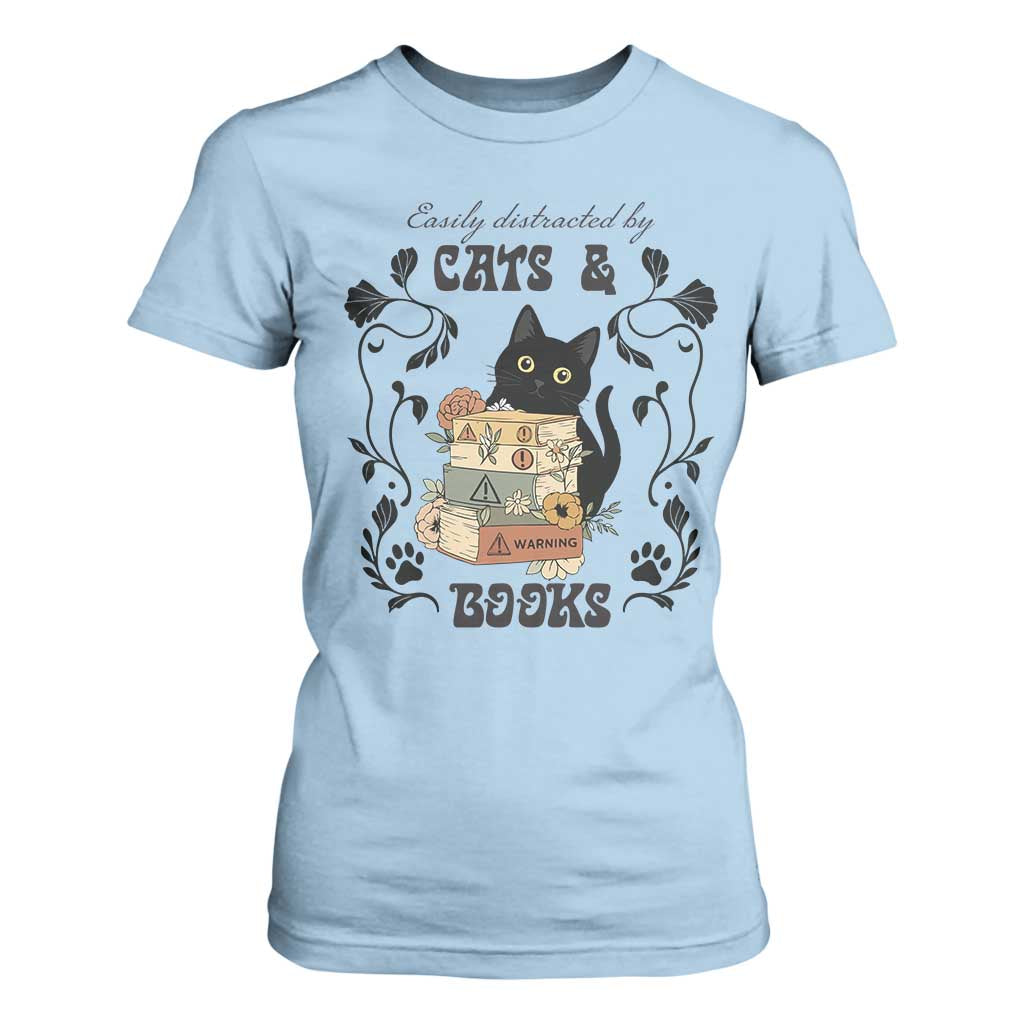 Easily Distracted By Cats And Books T Shirt For Women Funny Book Kitty Lover TS12 Light Blue Print Your Wear