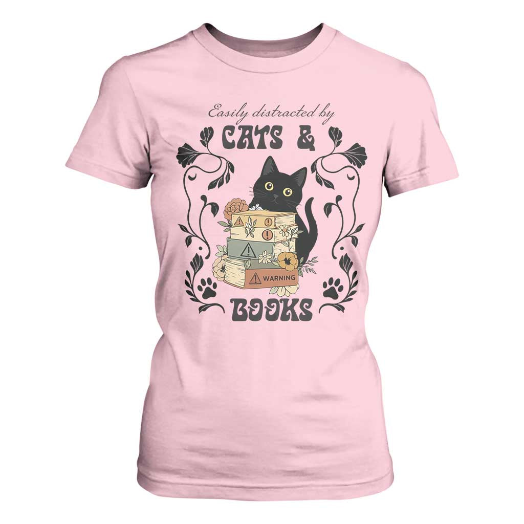 Easily Distracted By Cats And Books T Shirt For Women Funny Book Kitty Lover TS12 Light Pink Print Your Wear