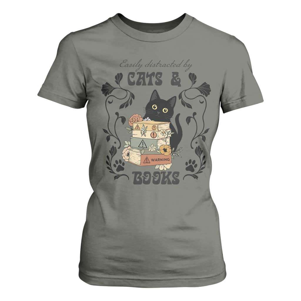 Easily Distracted By Cats And Books T Shirt For Women Funny Book Kitty Lover TS12 Military Green Print Your Wear