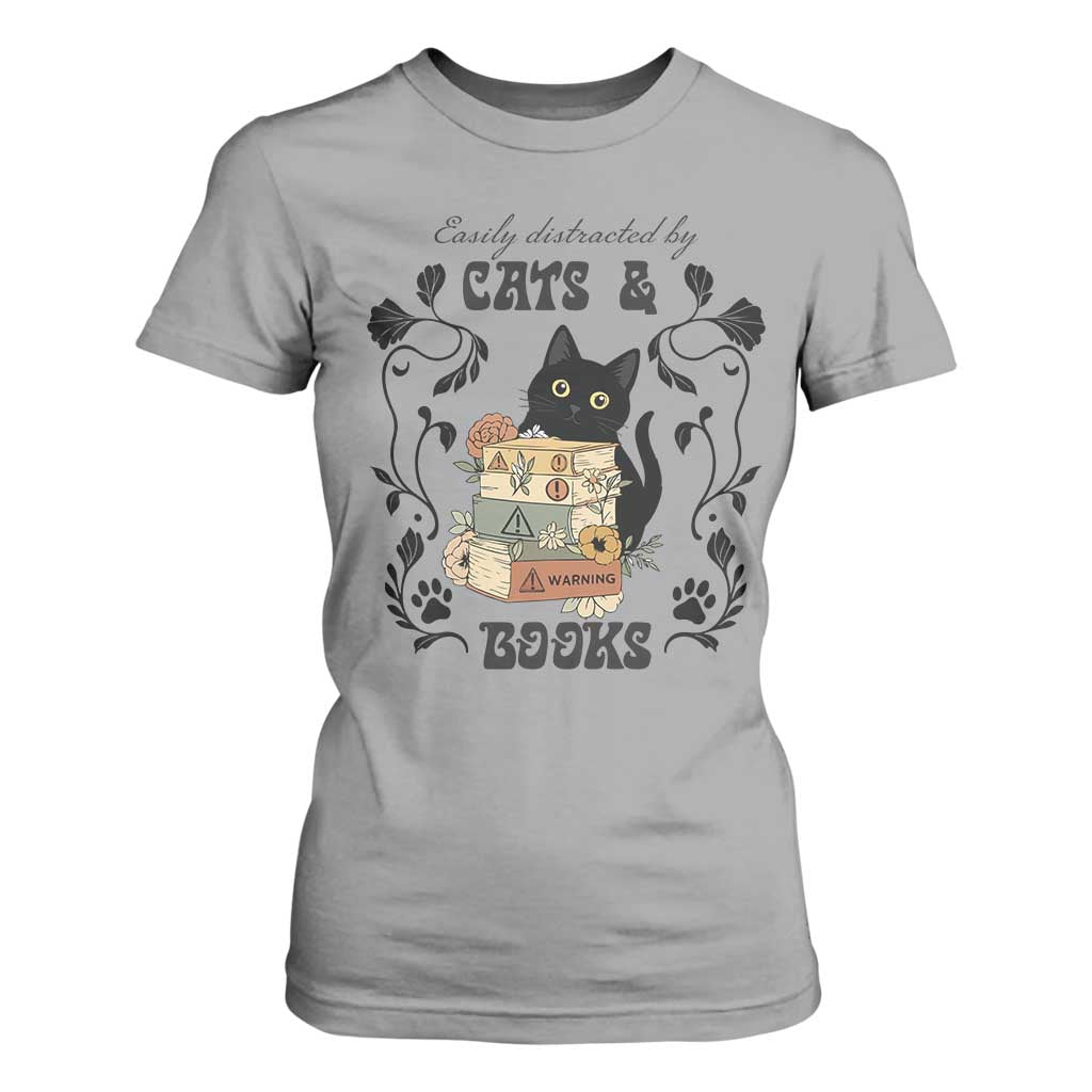 Easily Distracted By Cats And Books T Shirt For Women Funny Book Kitty Lover TS12 Sport Gray Print Your Wear