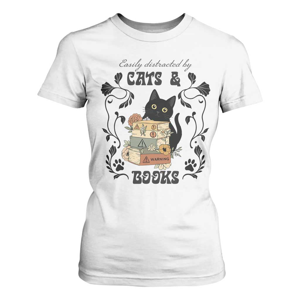 Easily Distracted By Cats And Books T Shirt For Women Funny Book Kitty Lover TS12 White Print Your Wear