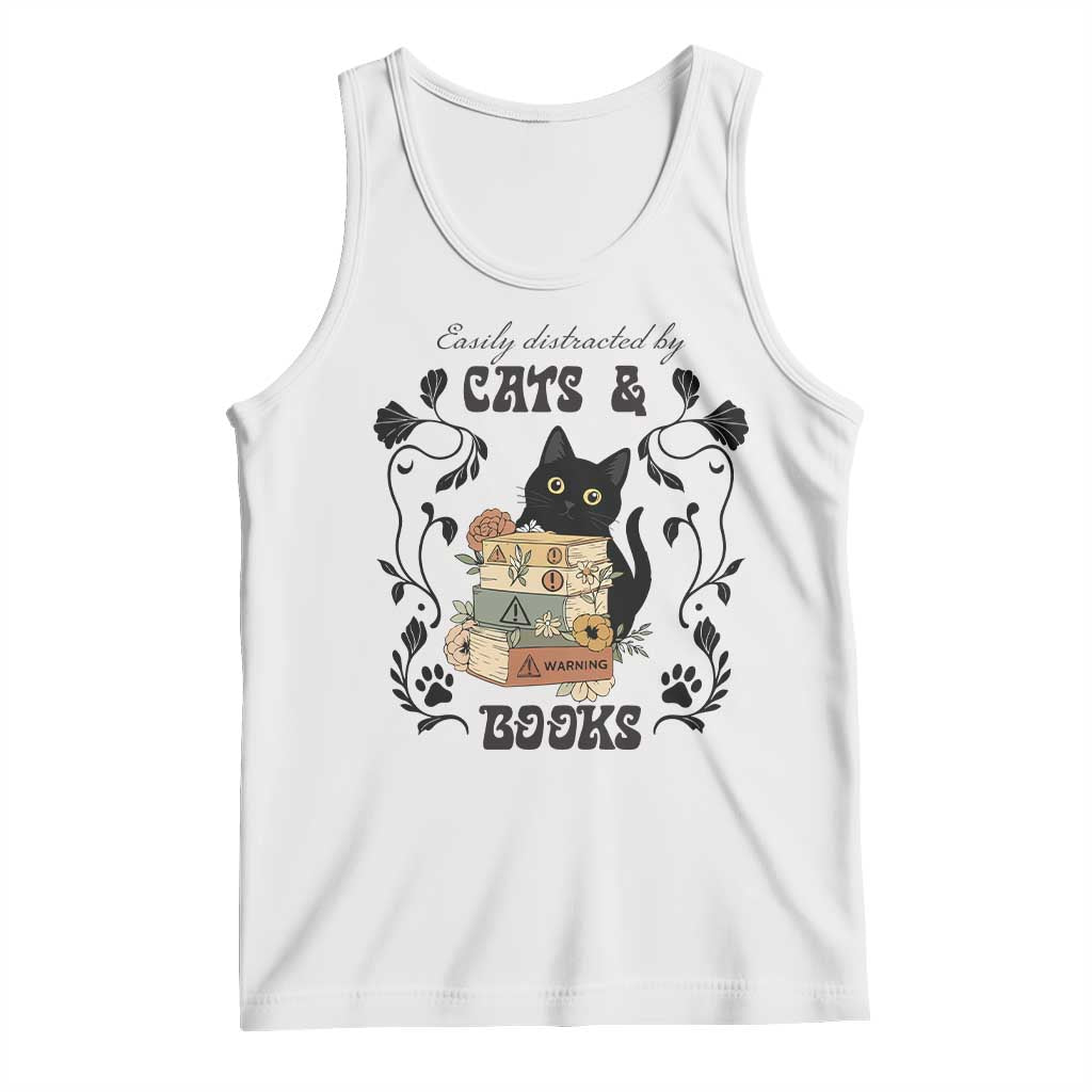 Easily Distracted By Cats And Books Tank Top Funny Book Kitty Lover TS12 White Print Your Wear